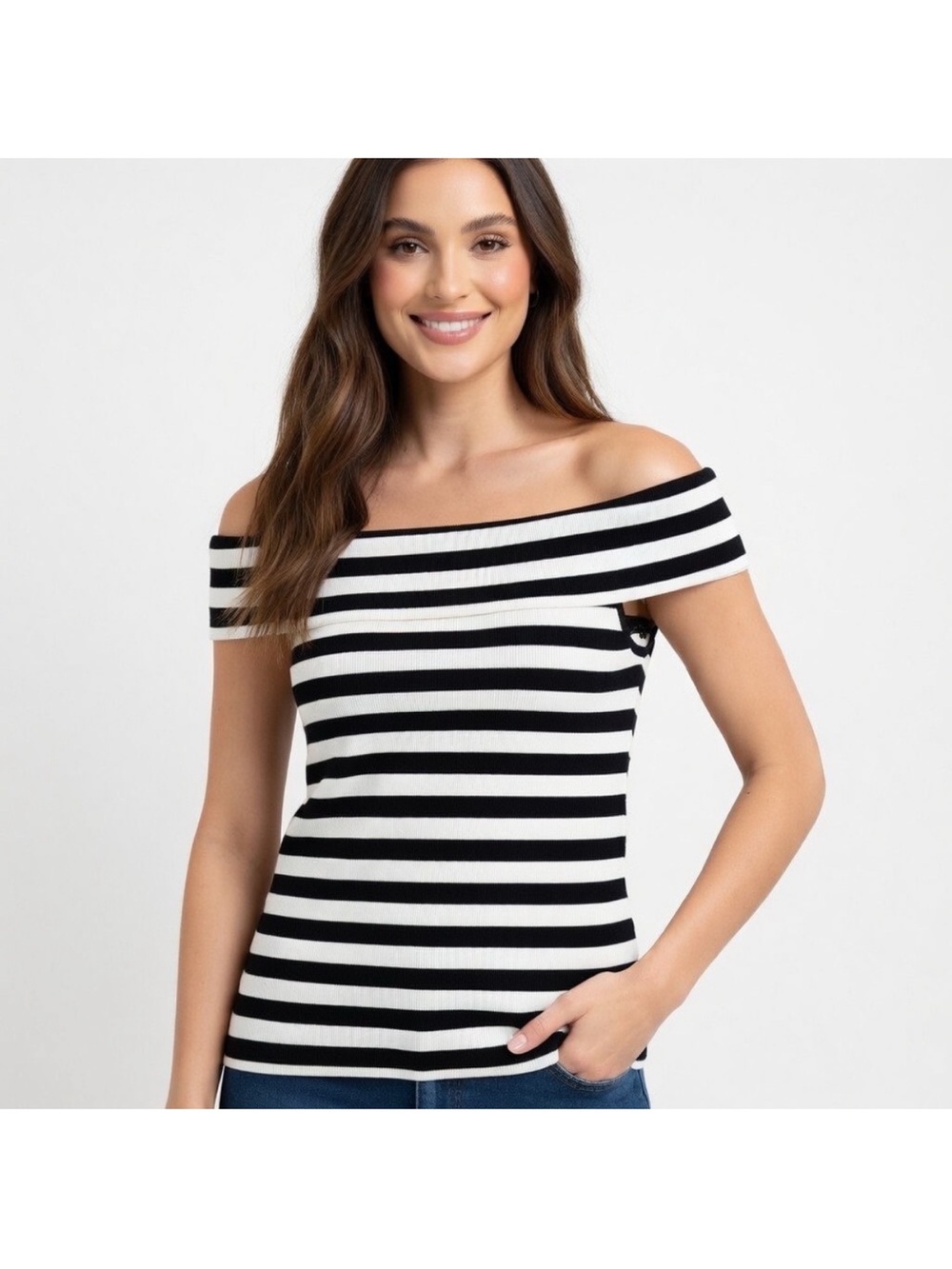 Banana Republic Black and White Off-Shoulder Striped Top